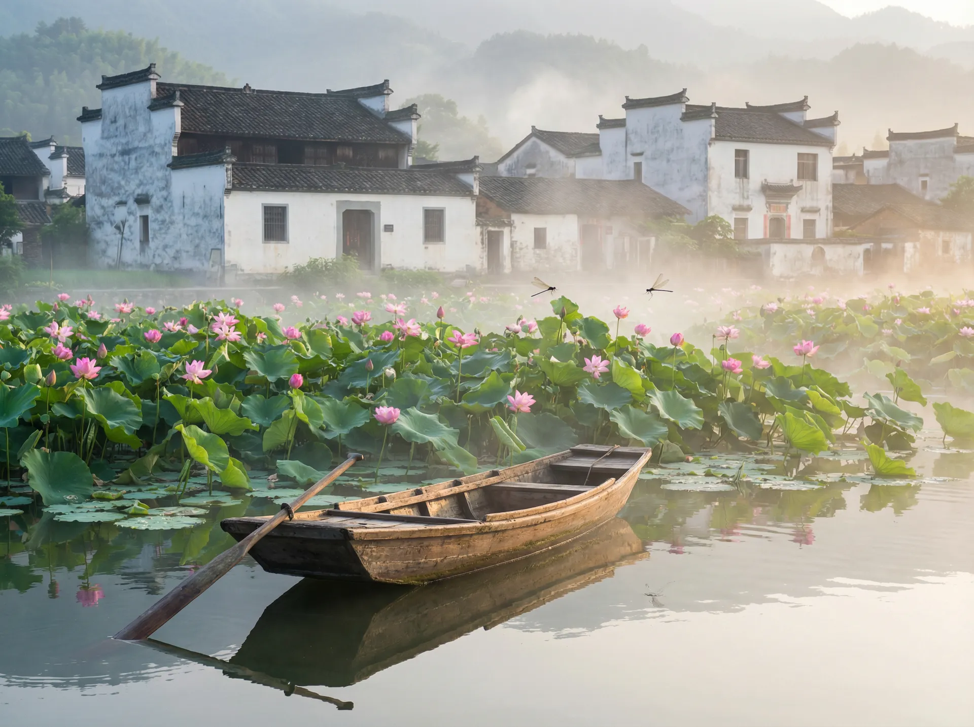 清晨荷塘小舟，粉色荷花盛开，白墙黑瓦的村庄 - write as 震动器 水乡风情